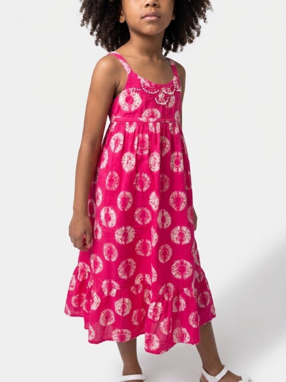 Calyso St. Barth x Target Poplin Cotton Beaded Tie Dye Maxi Sundress, Ruffle Hem
